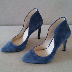 BCBGeneration blue suede heels with silver stripe dwon back EUC